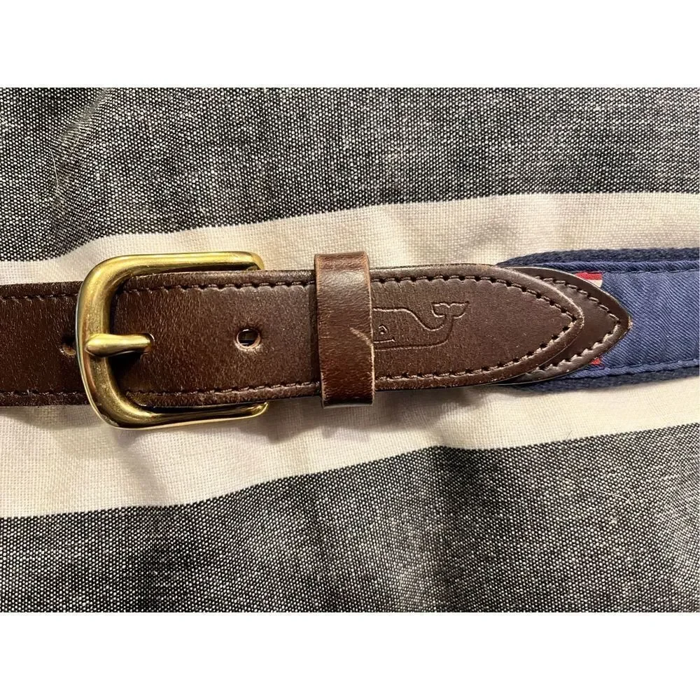 Vineyard Vines Navy American Flag Leather & Canvas Belt sz 30 EUC